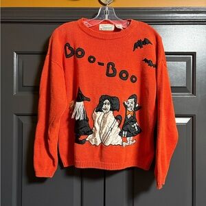 Vintage Knit Orange Halloween Sweater with Boo Design